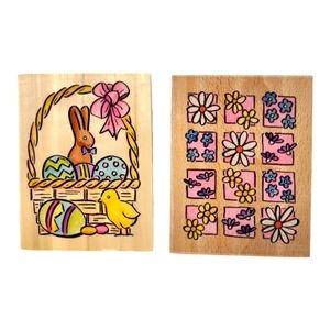 Large Easter Wood Rubber Mounted Stamper Craft Tool Vintage Rabbit,Eggs,Flowers